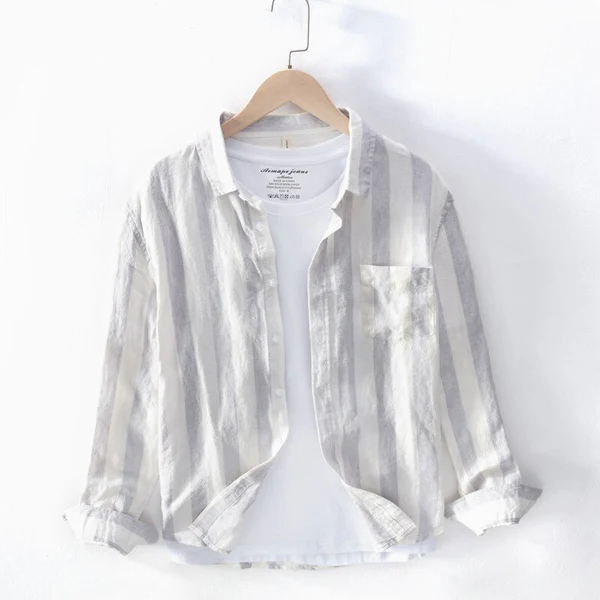 Camisa de Lino Manga Larga con Rayas Harbor – Blanco/Gris