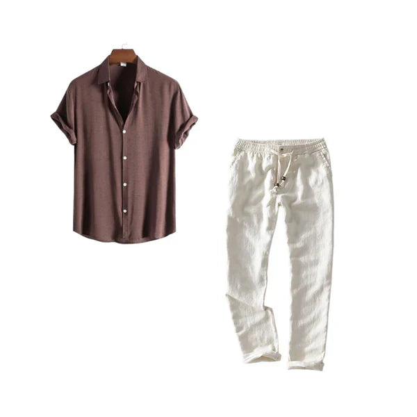 Contraste de Lino Harbor – Brown Shirt + Natural Linen Pants Set