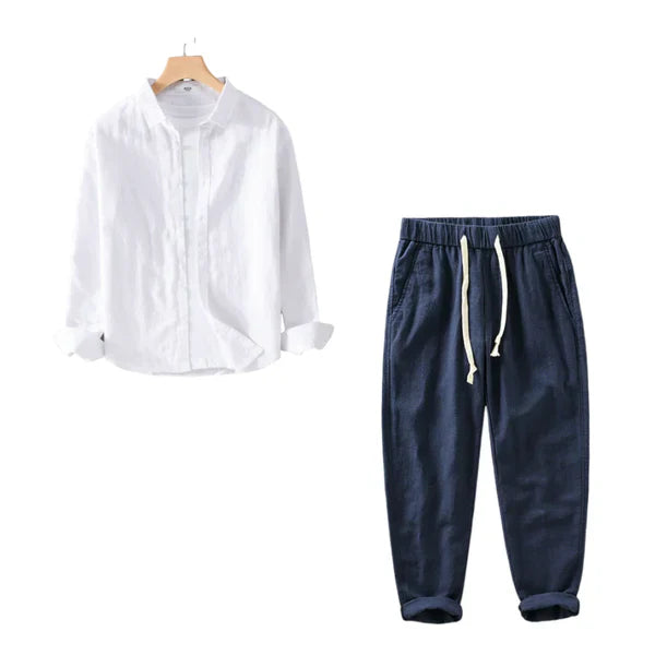 Dúo de Lino Harbor – White Linen Shirt + Navy Blue Linen Pants Set