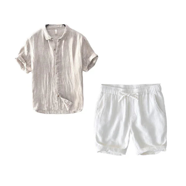Lino Coastal Breeze – Beige Shirt + White Shorts Set