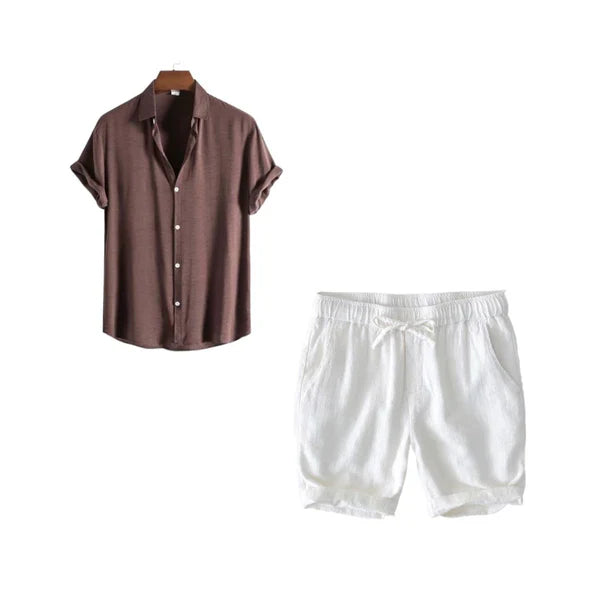 Harbor Weekend – Brown Shirt + White Linen Shorts Set