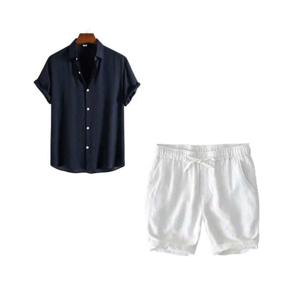 Harbor Weekend – Black Cotton Shirt + White Cotton-Linen Shorts Set