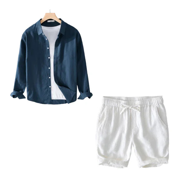 Lino Coastal Breeze – Navy Blue Shirt + White Linen Shorts Set