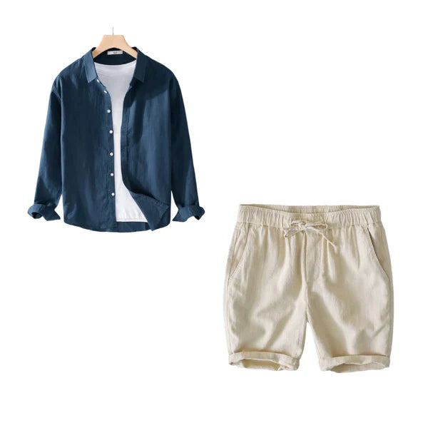 Lino Coastal Breeze – Navy Blue Shirt + Beige Linen Shorts Set