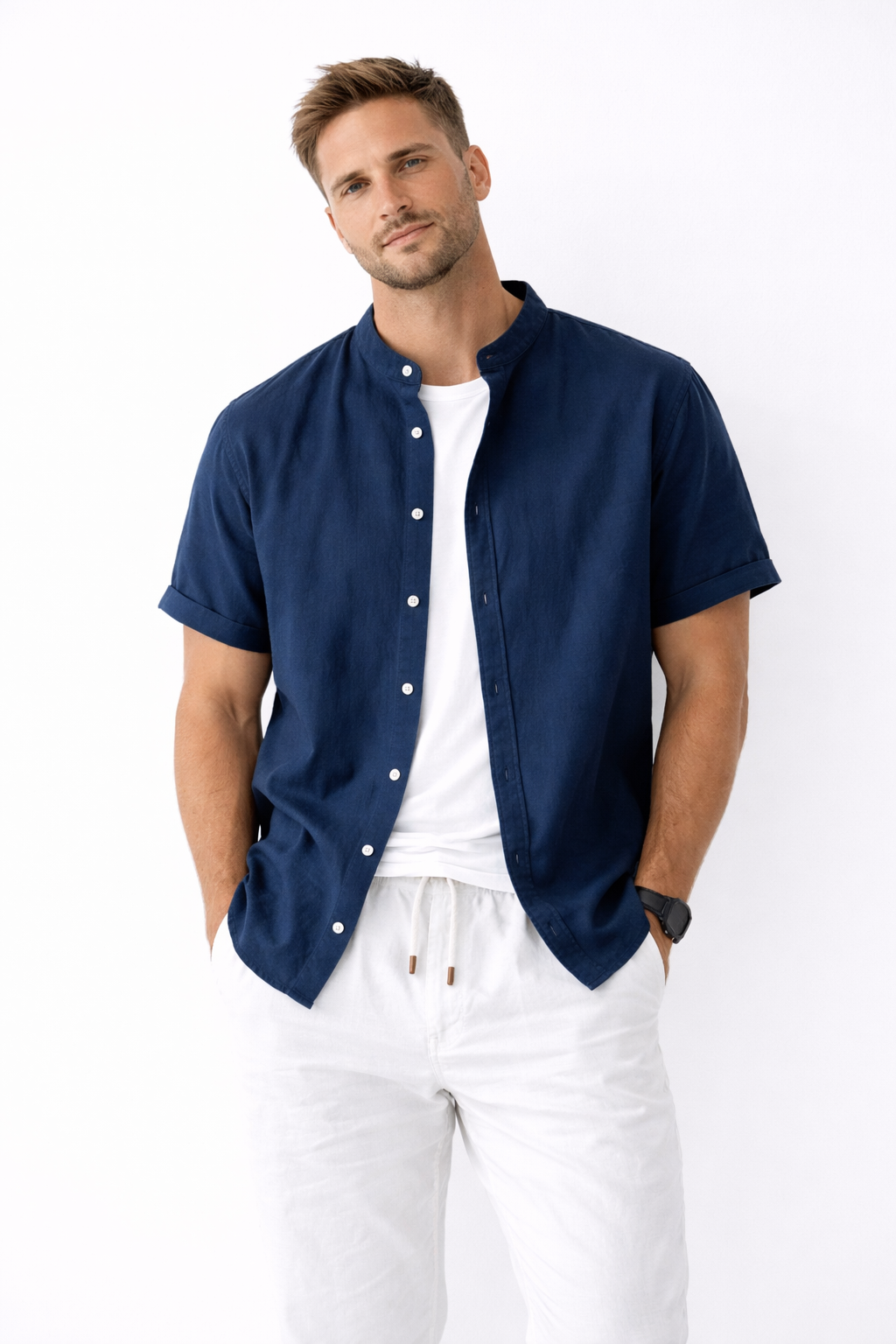 Camisa de Algodón-Lino con Cuello Mao Cove – Azul Oscuro