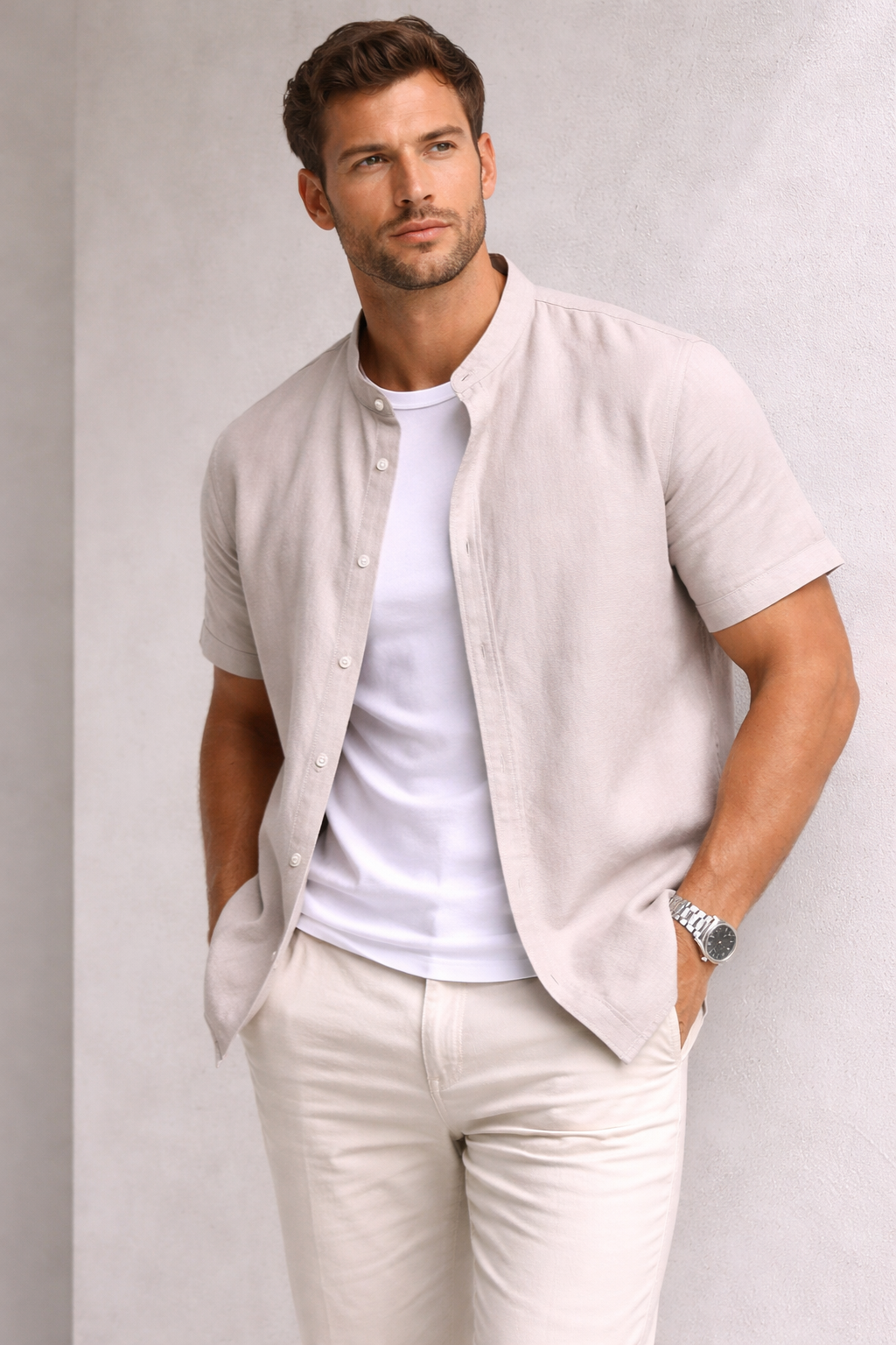 Camisa de Algodón-Lino con Cuello Mao Cove – Gris Claro