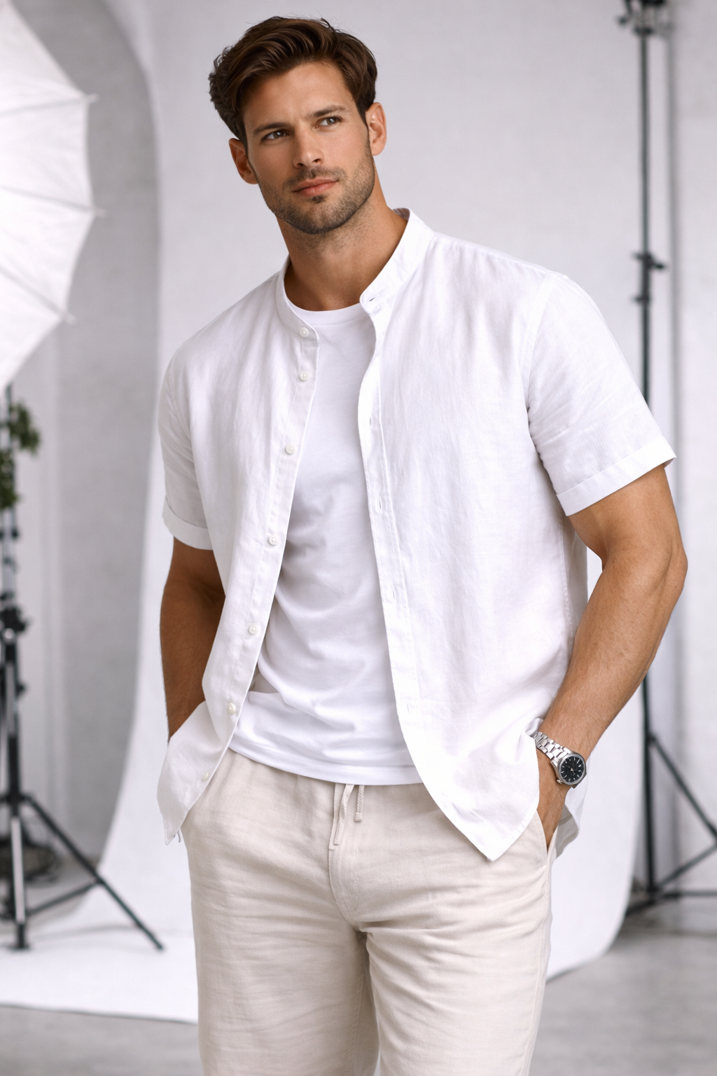 Camisa de Algodón-Lino con Cuello Mao Cove – Blanco