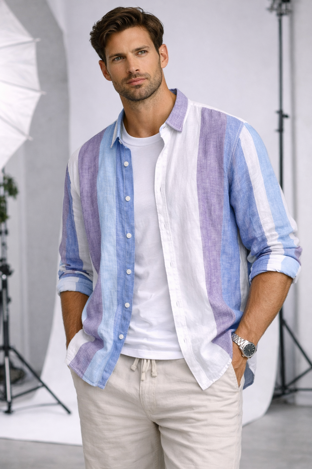 Camisa de Lino Manga Larga con Rayas Sunset – Morado