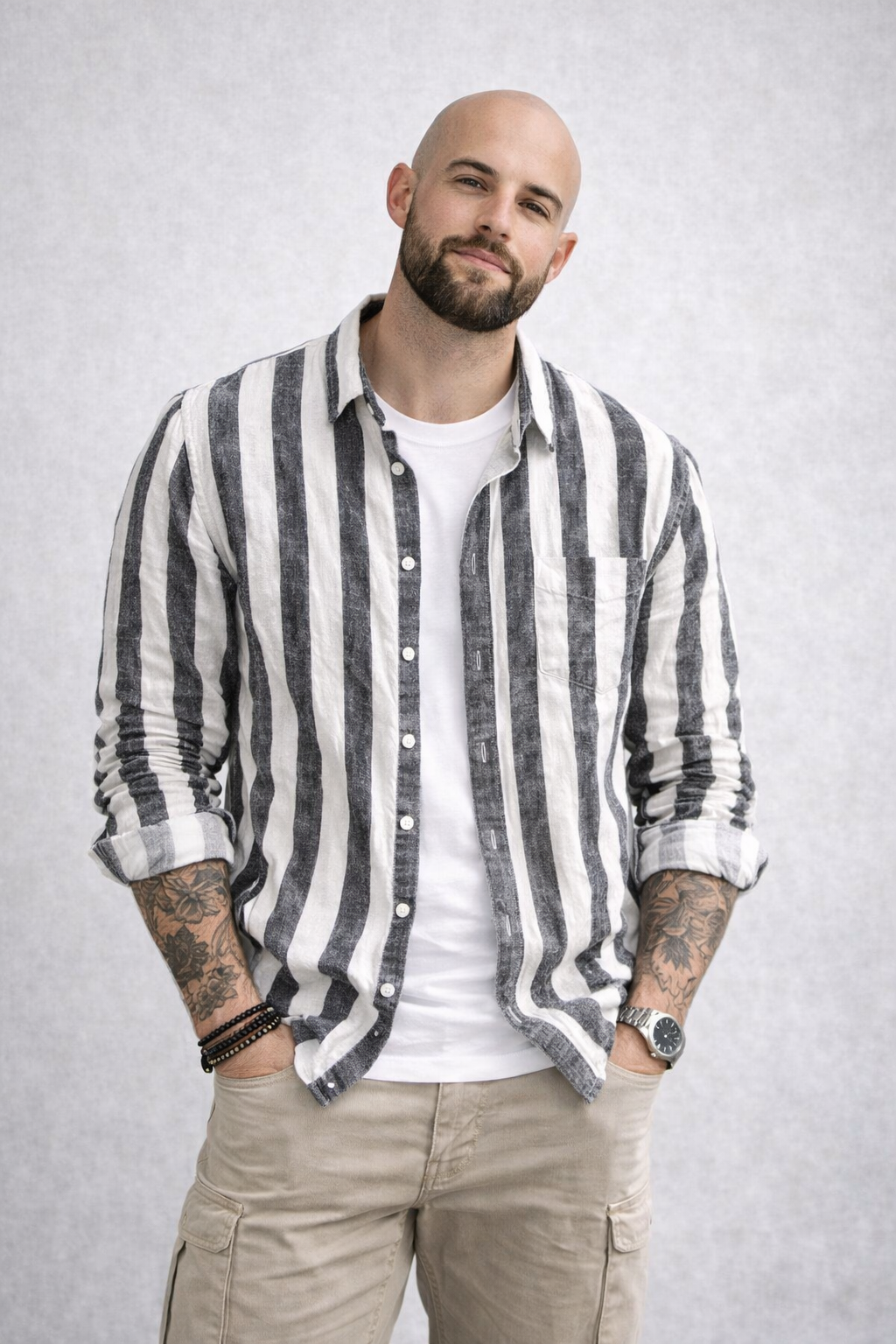 Camisa de Lino Manga Larga con Rayas Harbor – Blanco/Negro