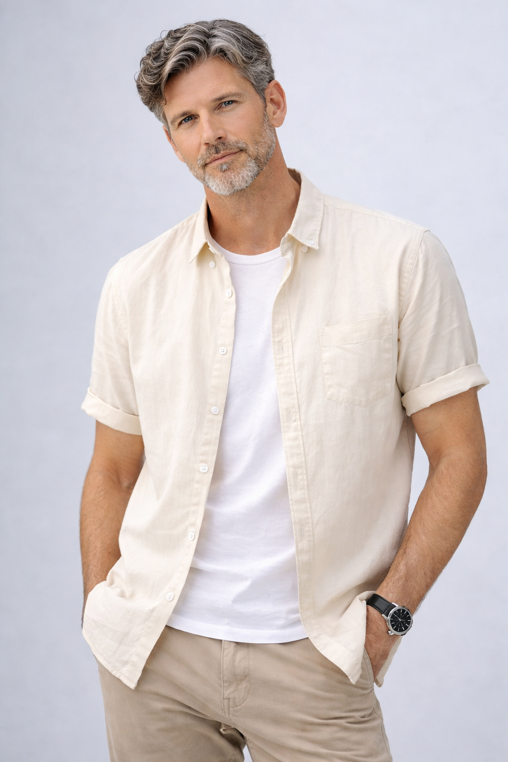 Camisa de Algodón-Lino Manga Corta Cove – Blanco Roto