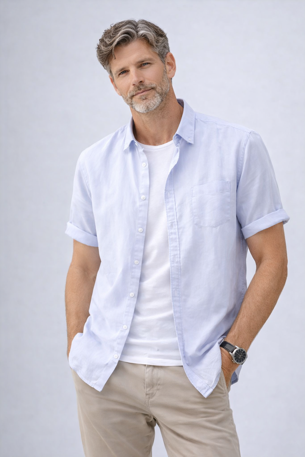 Camisa de Algodón-Lino Manga Corta Cove – Azul Claro