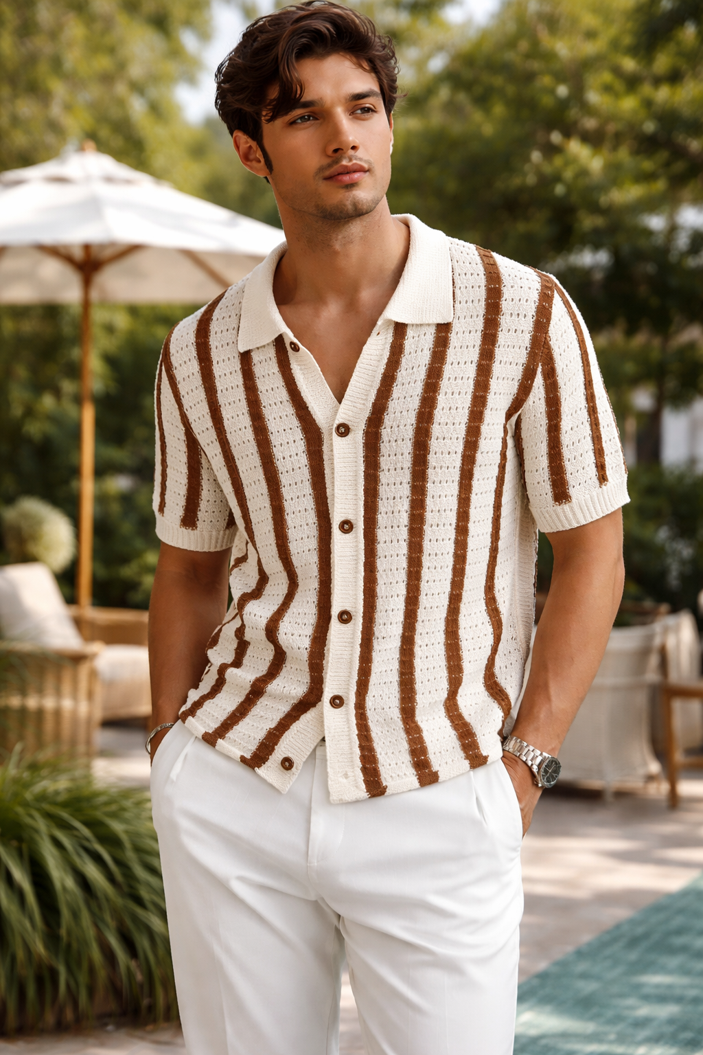 Polo de Punto con Botones Riviera – Rayas Crema/Cacao