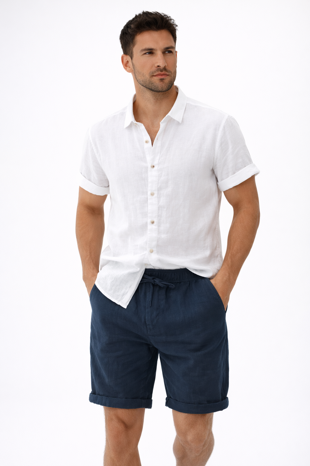 Lino Coastal Breeze – White Shirt + Navy Blue Shorts Set