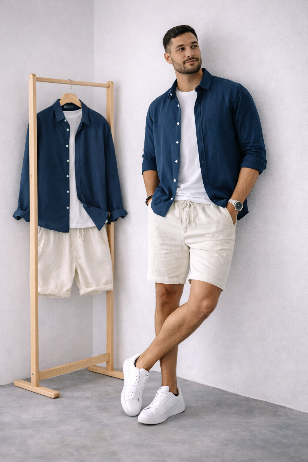 Lino Coastal Breeze – Navy Blue Shirt + White Linen Shorts Set