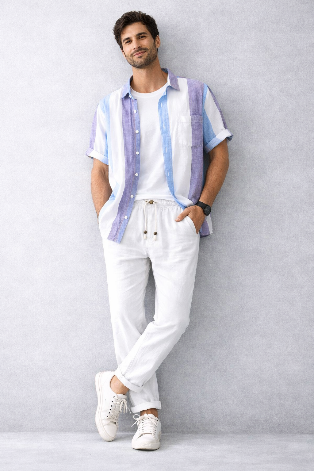 Camisa de Lino Manga Corta con Rayas Sunset – Morado/Azul