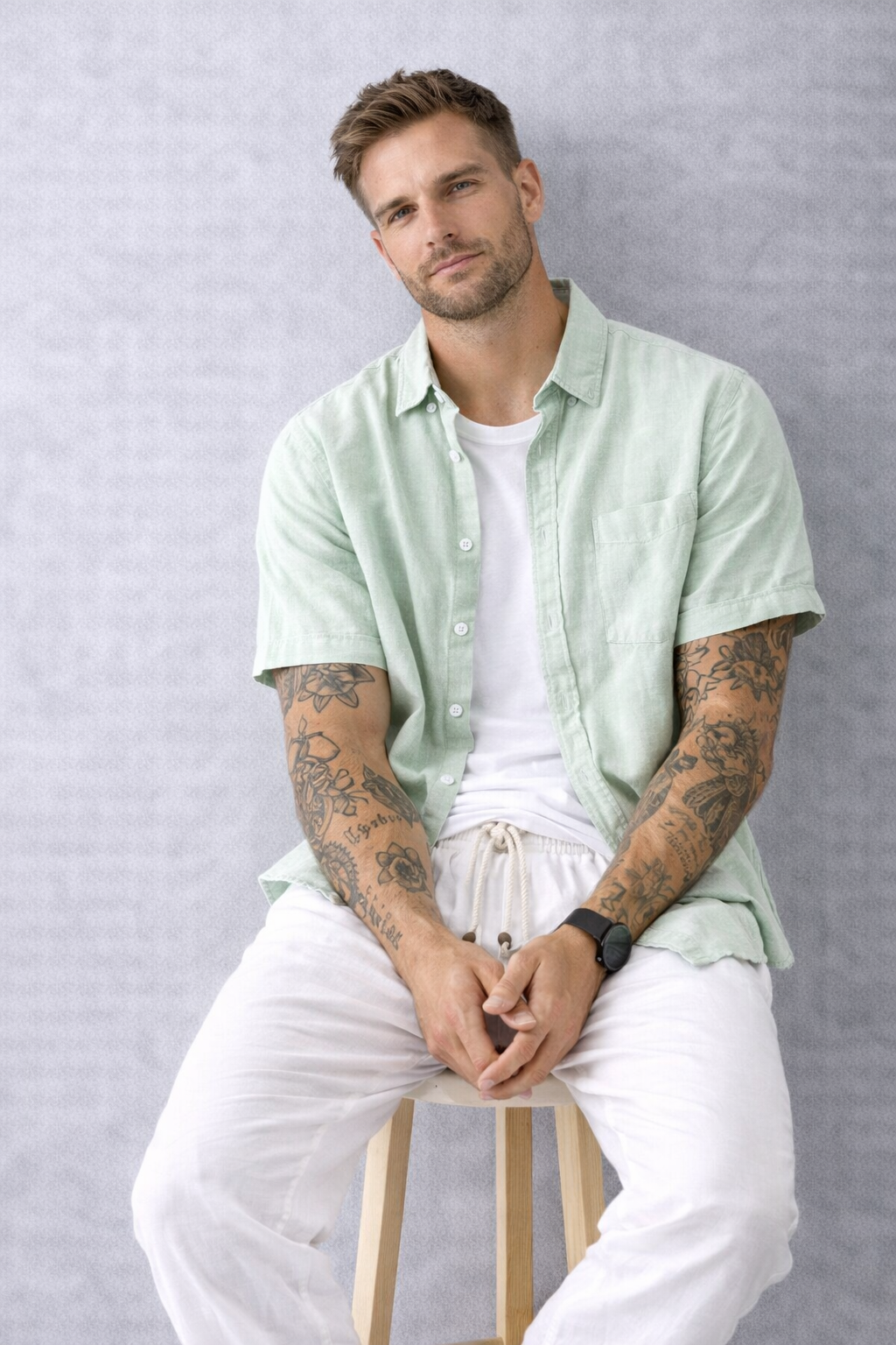 Camisa de Lino Manga Corta Coastal – Verde Claro