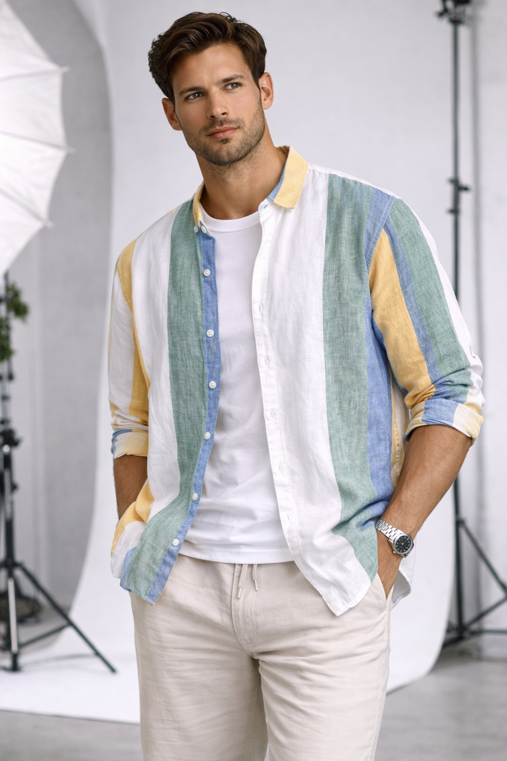 Camisa de Lino Manga Larga con Rayas Sunset – Multicolor