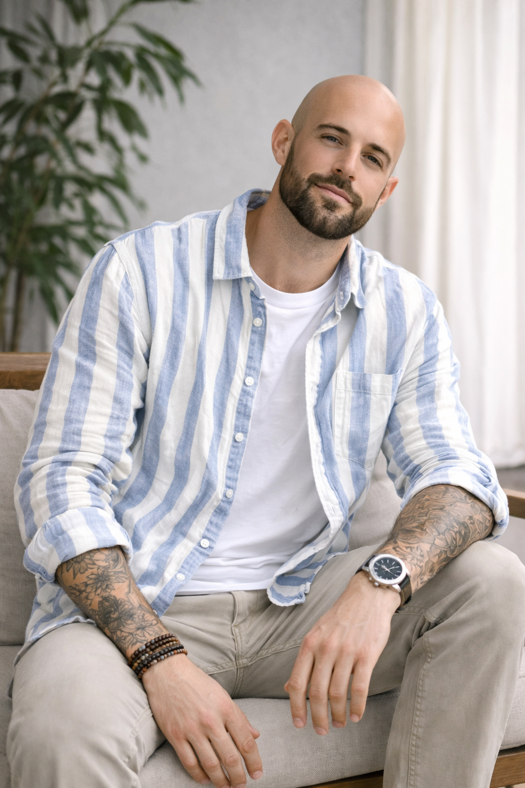 Camisa de Lino Manga Larga con Rayas Harbor – Azul
