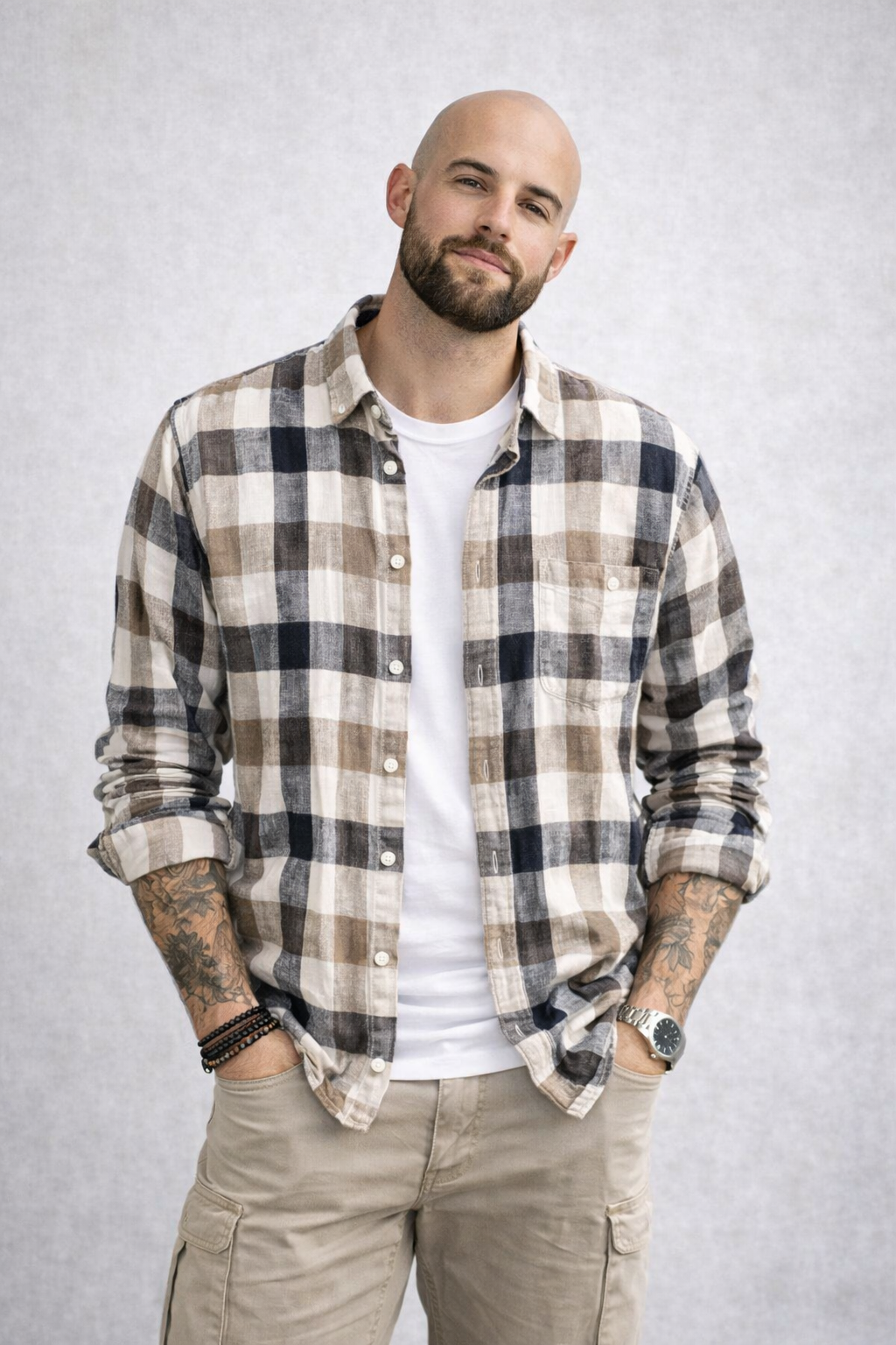 Camisa de Lino a Cuadros con Cuello Mao Cove – Cuadros Arena/Marino