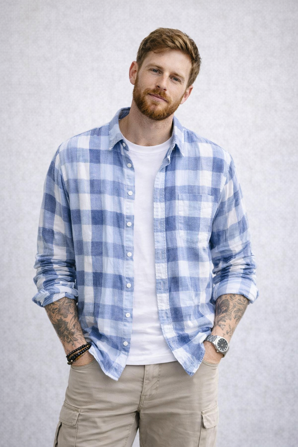Camisa de Lino a Cuadros con Cuello Mao Cove – Azul