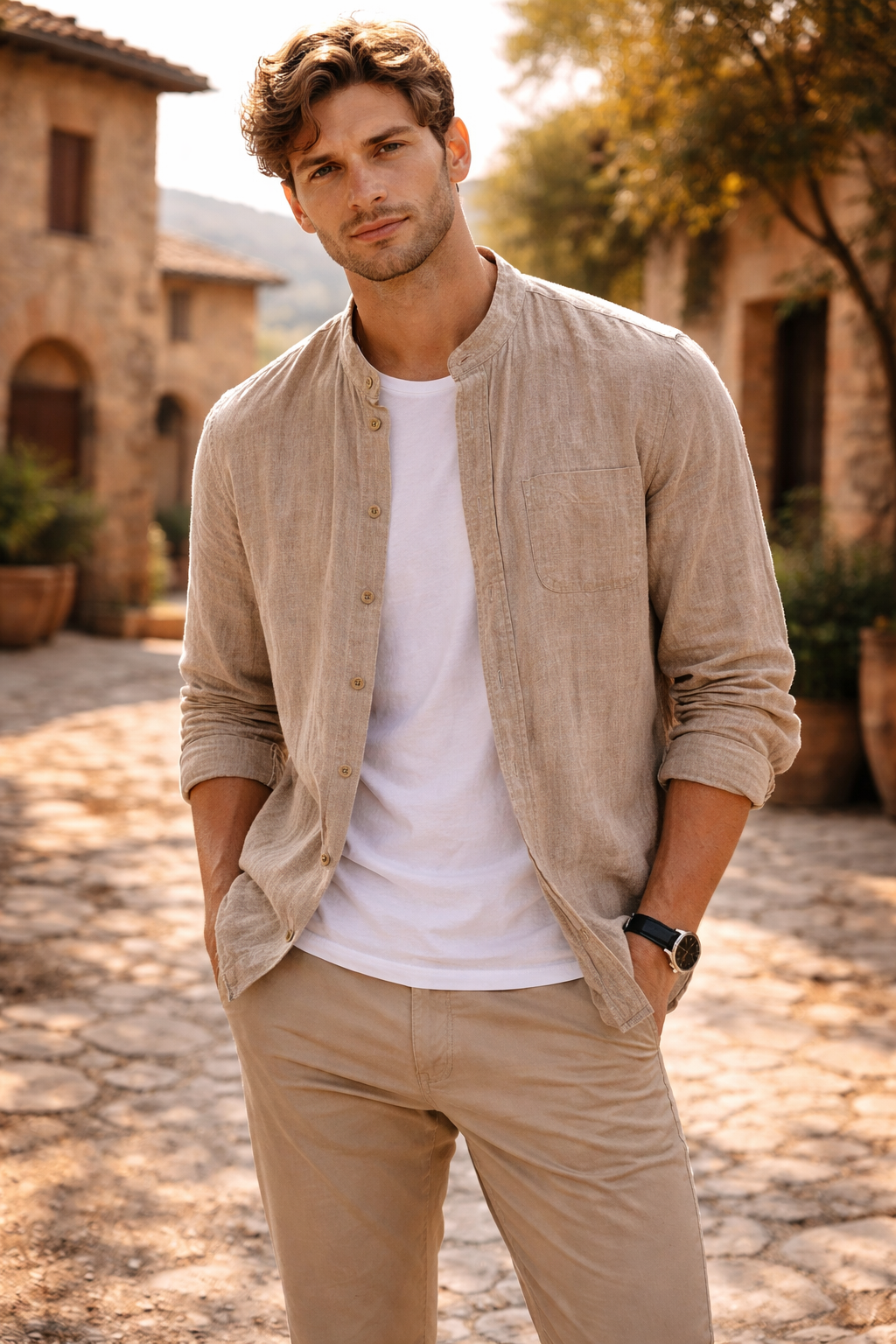 Camisa de Lino con Cuello Mao Cove – Beige Piedra