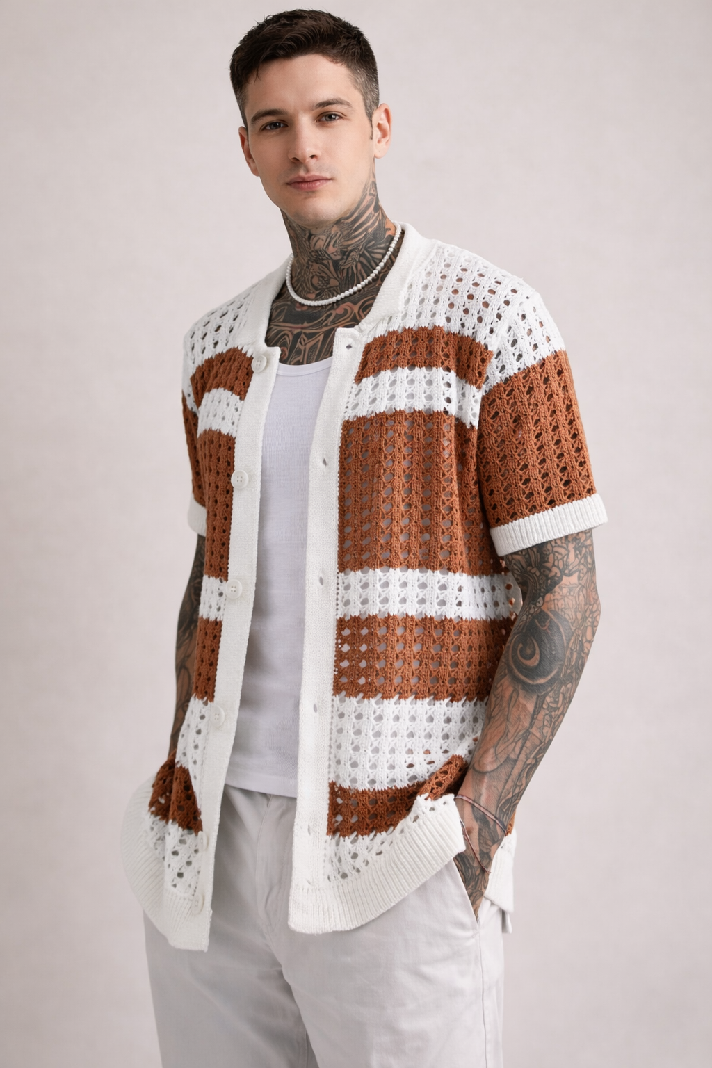 Camisa de Punto y Crochet Sorrento – Rayas Crema y Óxido