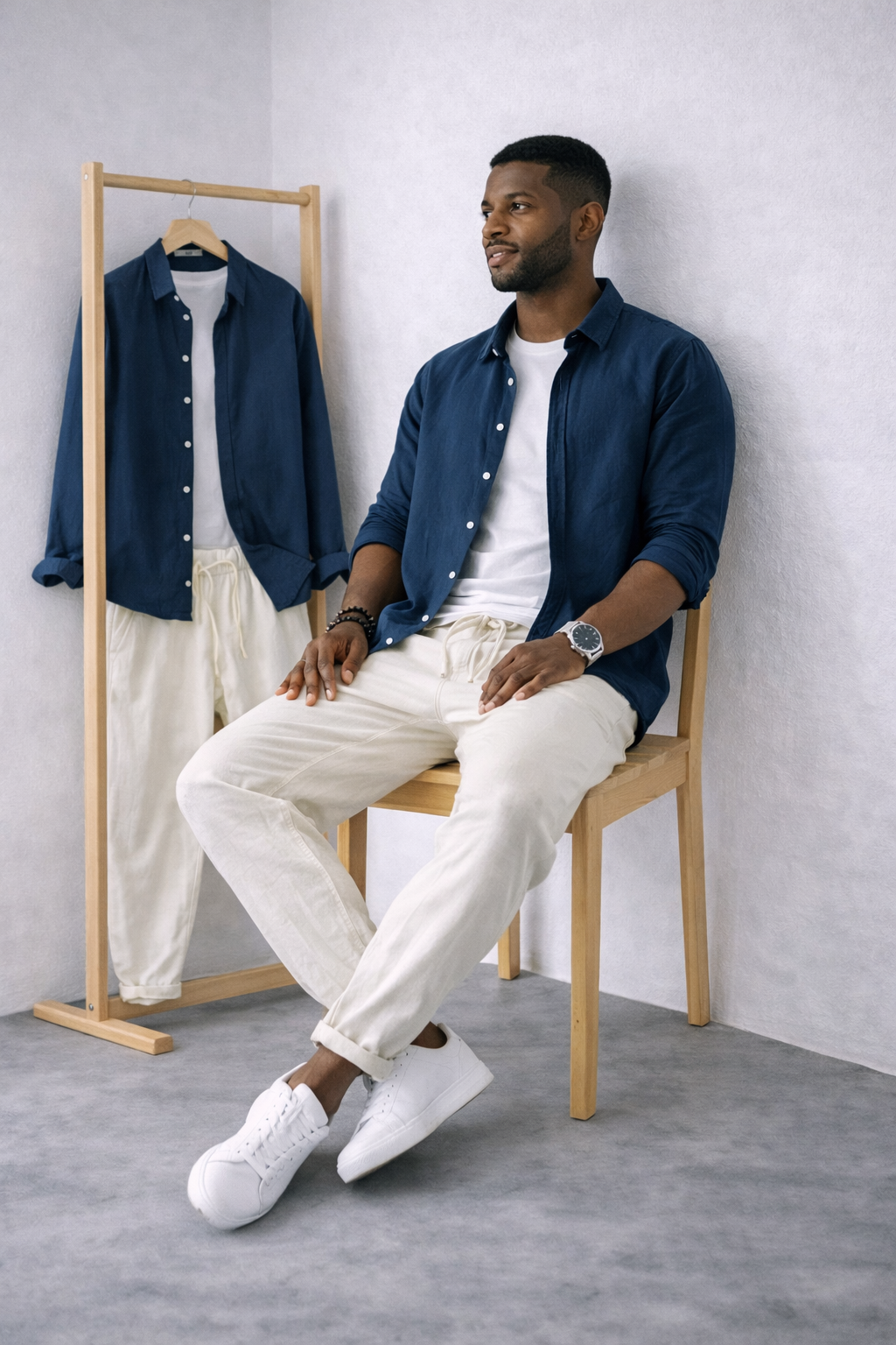 Dúo de Lino Harbor – Navy Linen Shirt + Off-White Linen Pants Set