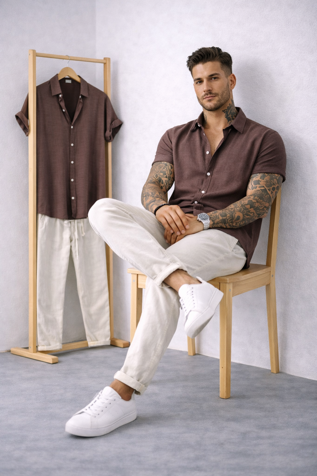Contraste de Lino Harbor – Brown Shirt + Natural Linen Pants Set