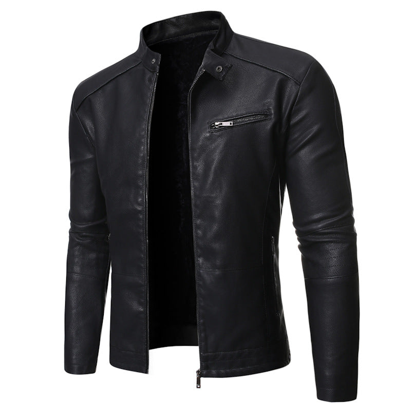Chaqueta de Cuero Slim Fit con Cuello Alto y Cremallera - Gris