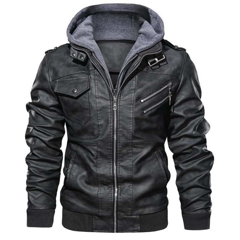 Chaqueta de Cuero Slim con Capucha - Gris oscuro