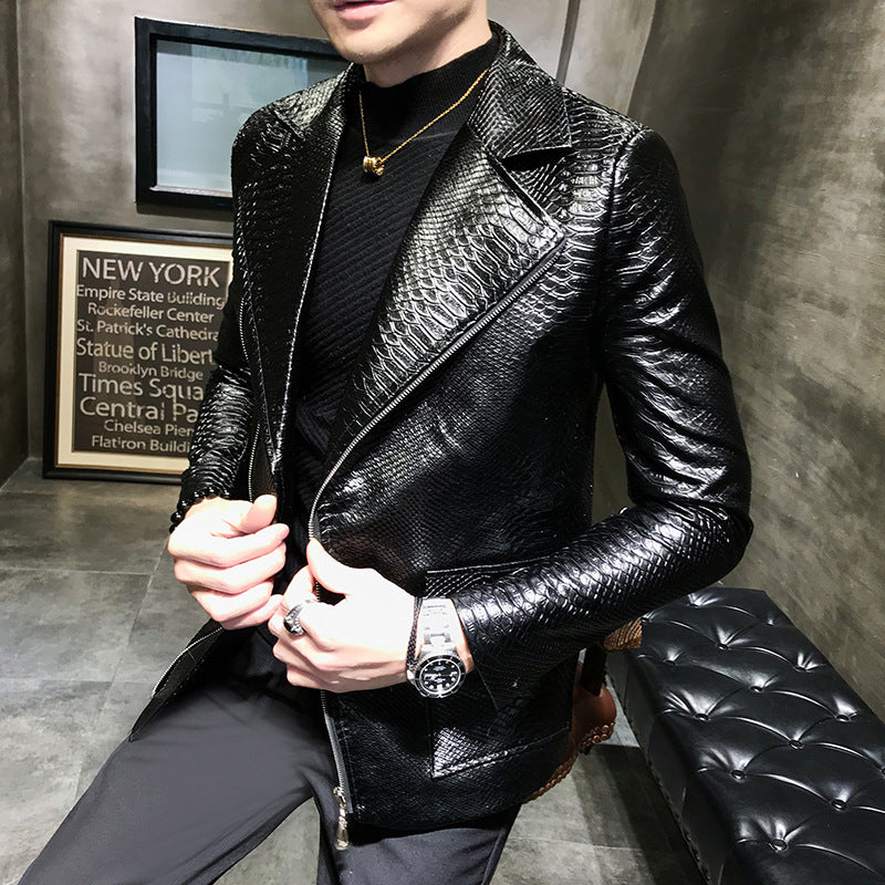 Chaqueta de Cuero Slim Fit con Cremallera Diagonal Negra