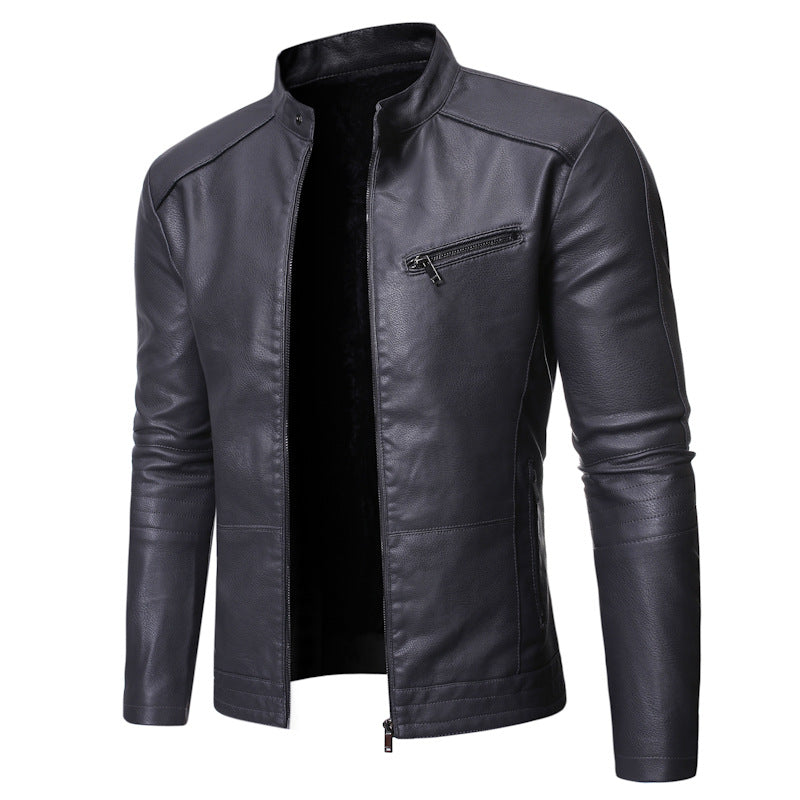 Chaqueta de Cuero Slim Fit con Cuello Alto y Cremallera - Gris
