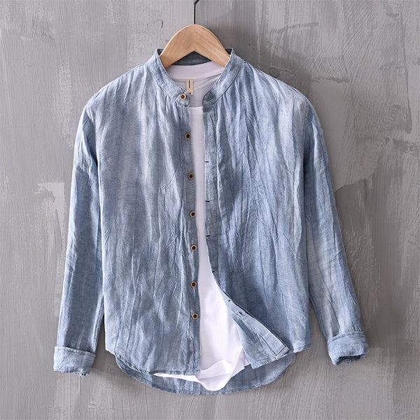 Camisa de Lino con Cuello Mao Cove – Azul