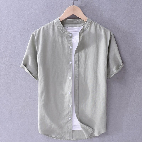 Camisa de Algodón-Lino con Cuello Mao Cove – Niebla Salvia