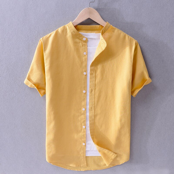 Camisa de Algodón-Lino con Cuello Mao Cove – Amarillo