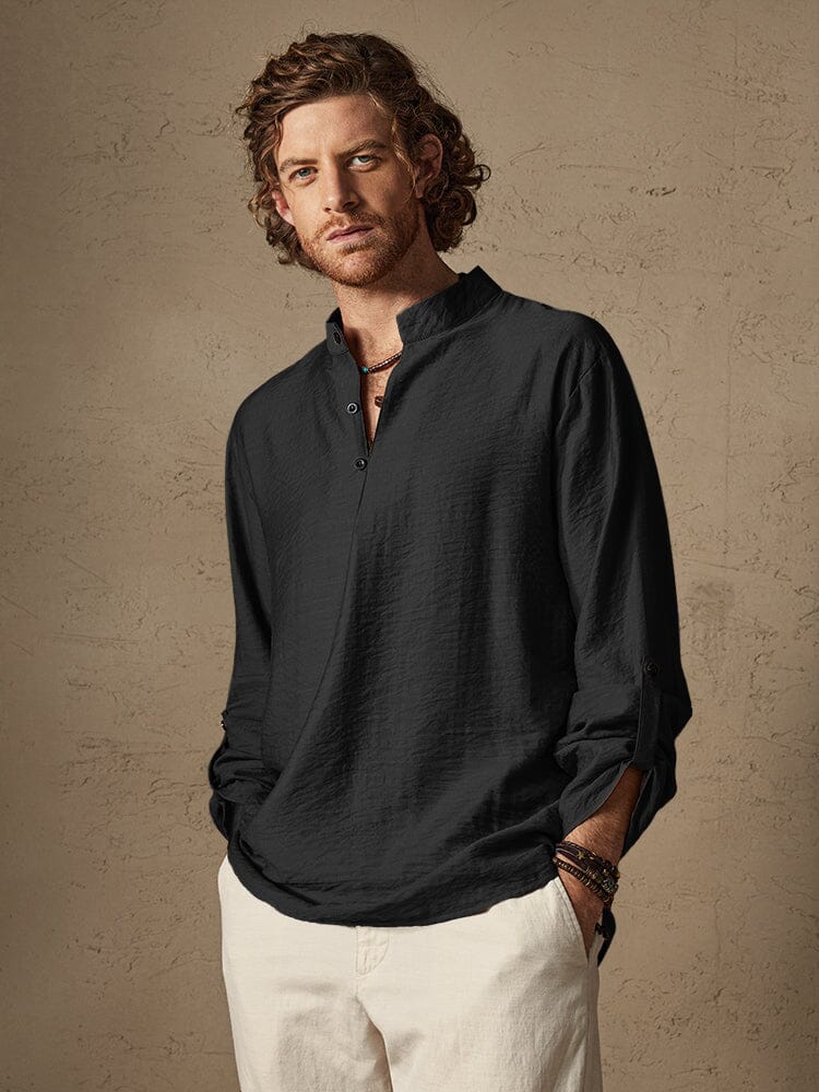 Camisa de Lino con Cuello Mao - Gris
