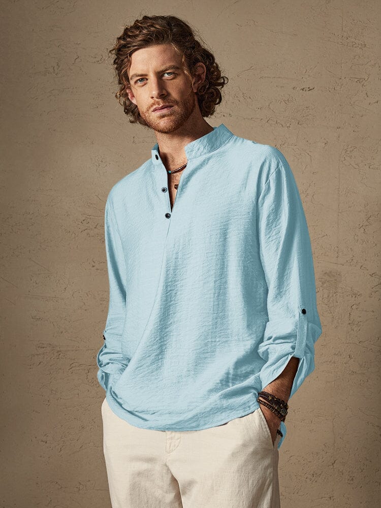 Camisa de Lino con Cuello Mao - Marrón