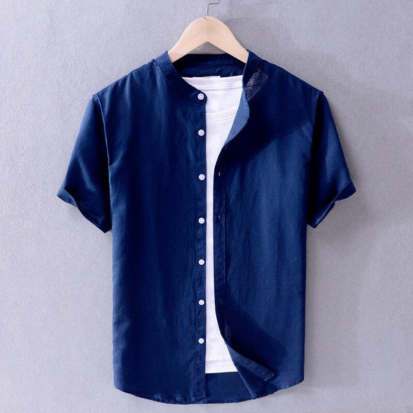 Camisa de Algodón-Lino con Cuello Mao Cove – Azul Oscuro