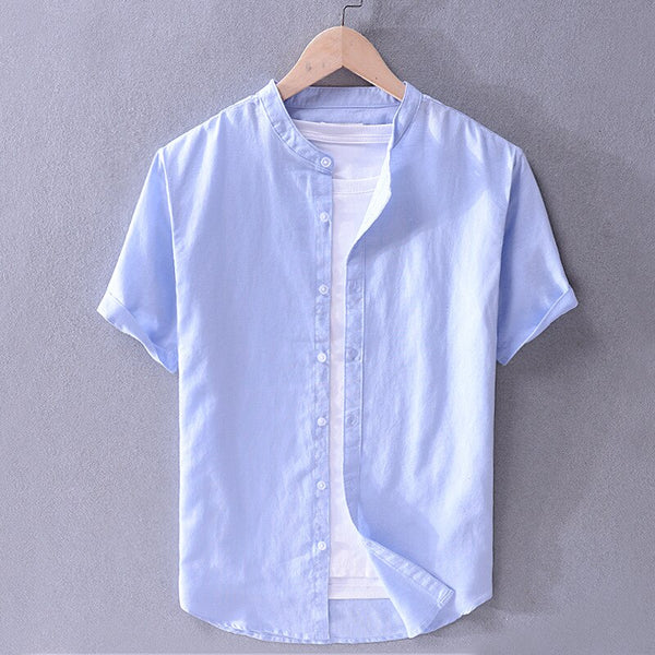 Camisa de Algodón-Lino con Cuello Mao Cove – Azul Claro