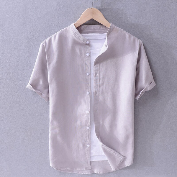 Camisa de Algodón-Lino con Cuello Mao Cove – Gris Claro