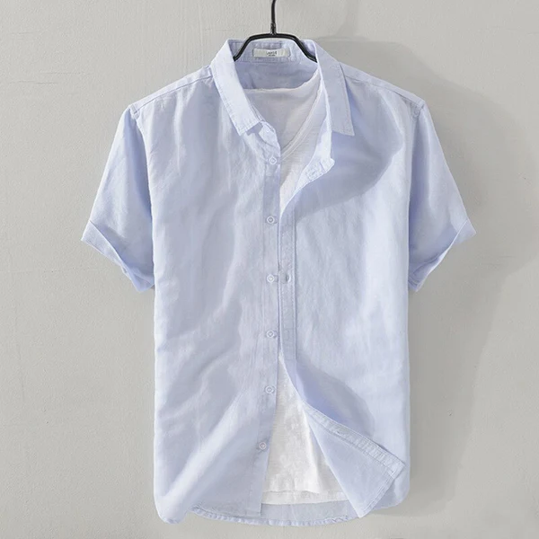 Camisa de Algodón-Lino Manga Corta Cove – Azul Claro