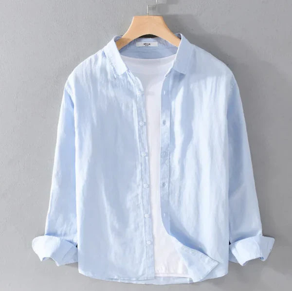 Lino Coastal Breeze – Blue Linen Shirt + White Linen Shorts Set