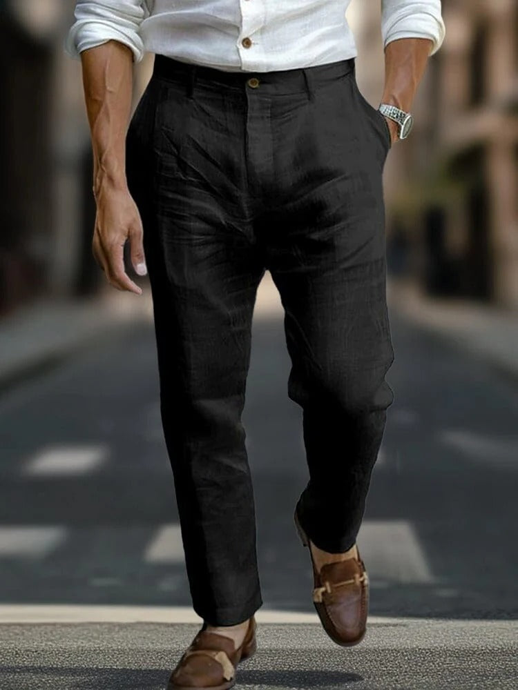 Pantalones de Lino con Bolsillos Inclinados - Negro