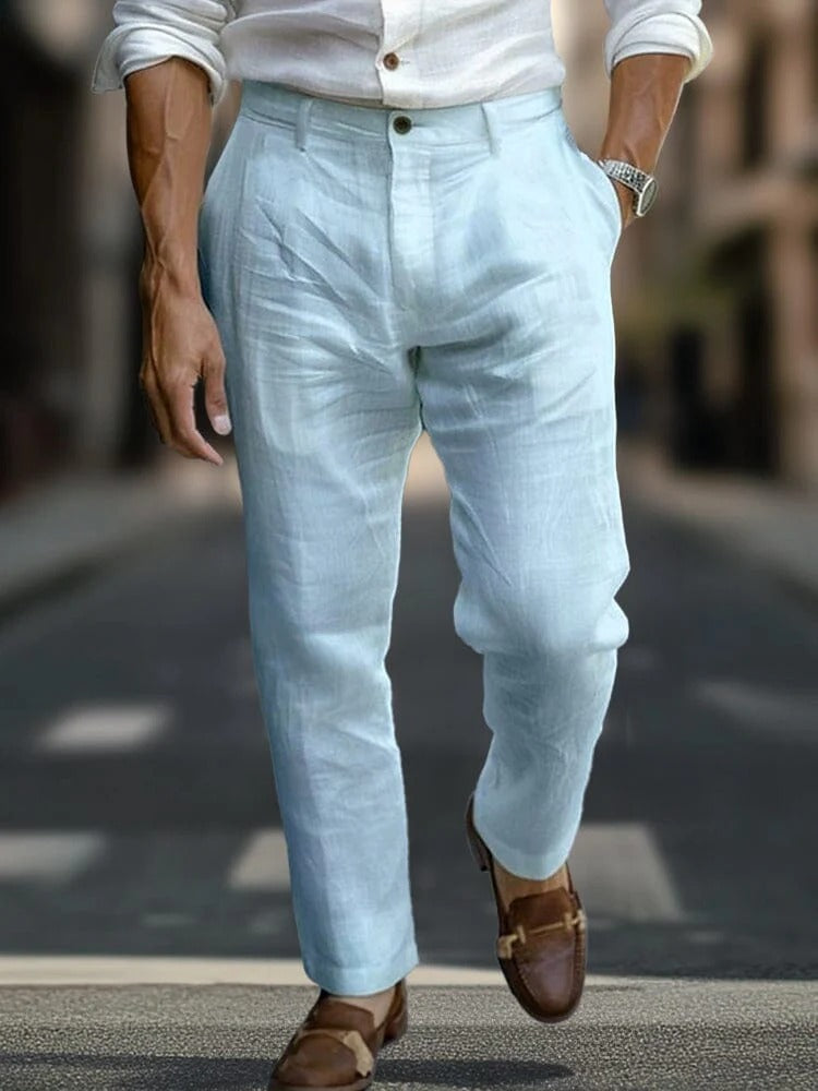 Pantalones de Lino con Bolsillos Inclinados - Azul Marino