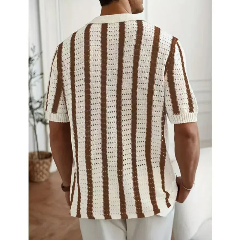 Polo de Punto con Botones Riviera – Rayas Crema/Cacao