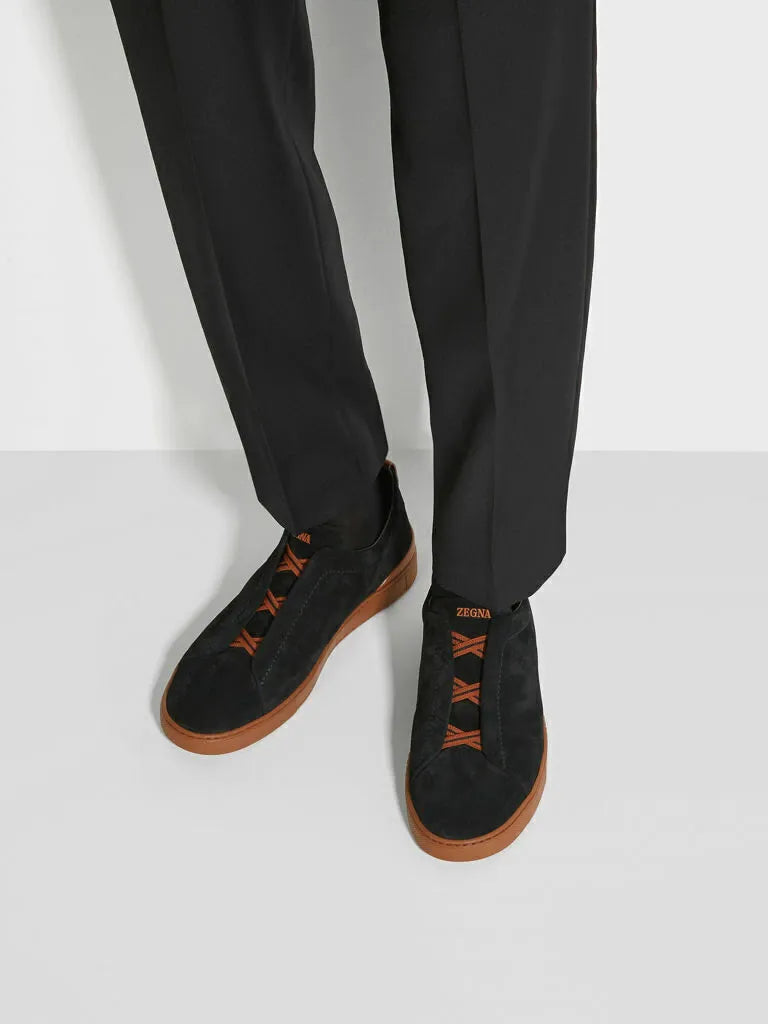 Triple Stitch Gamuza Cuero Zapatillas – Negro/Marrón