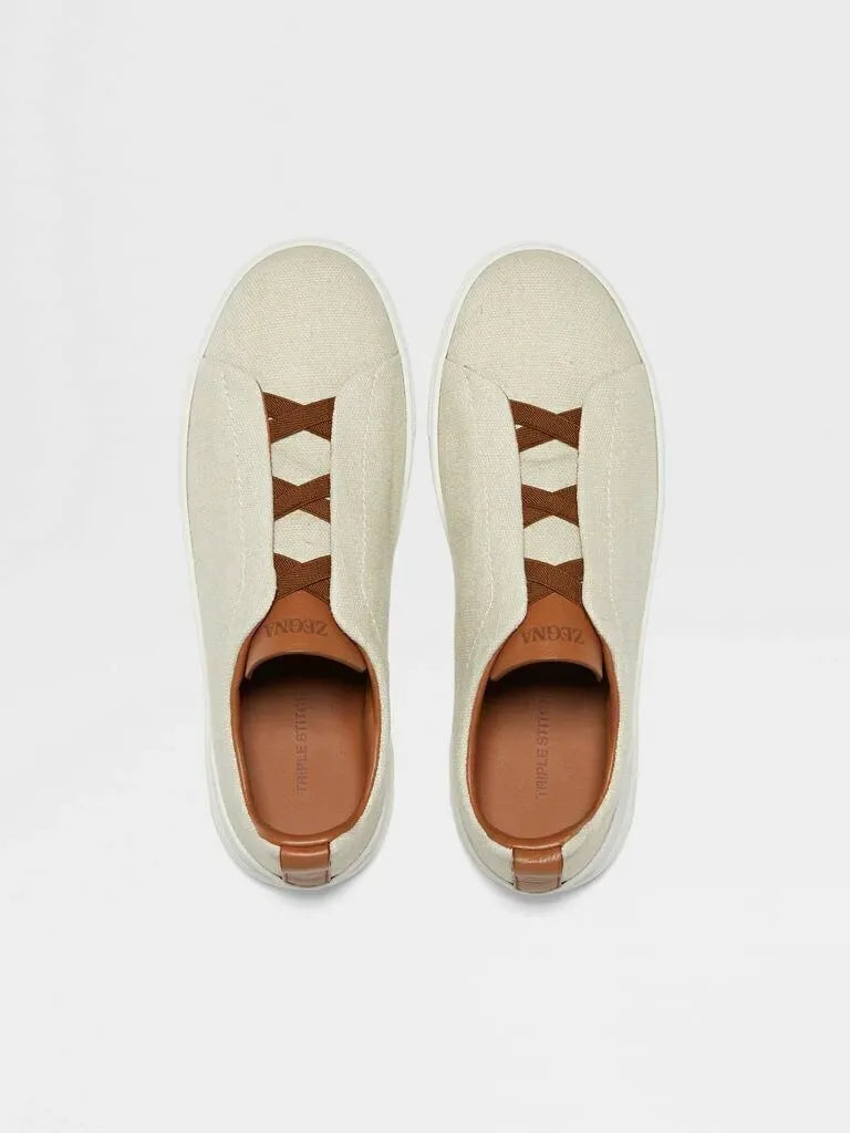 Triple Stitch Lona Cuero Zapatillas – Beige/Marrón