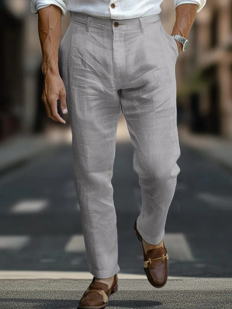 Pantalones de Lino con Bolsillos Inclinados - Azul