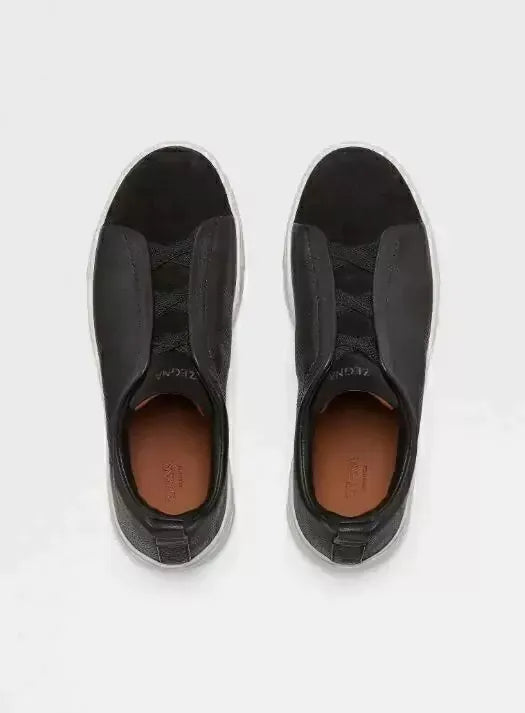Triple Stitch Negro Cuero Gamuza Zapatillas – Suela blanca
