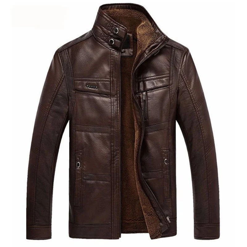 Chaqueta de Cuero con Forro Interior Afelpado - Marrón Escuro